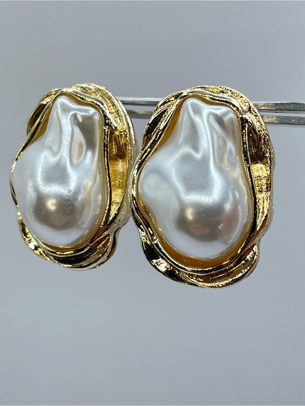 Gold Faux Baroque Pearl Stud Earrings Coastal Chic Statement Bold